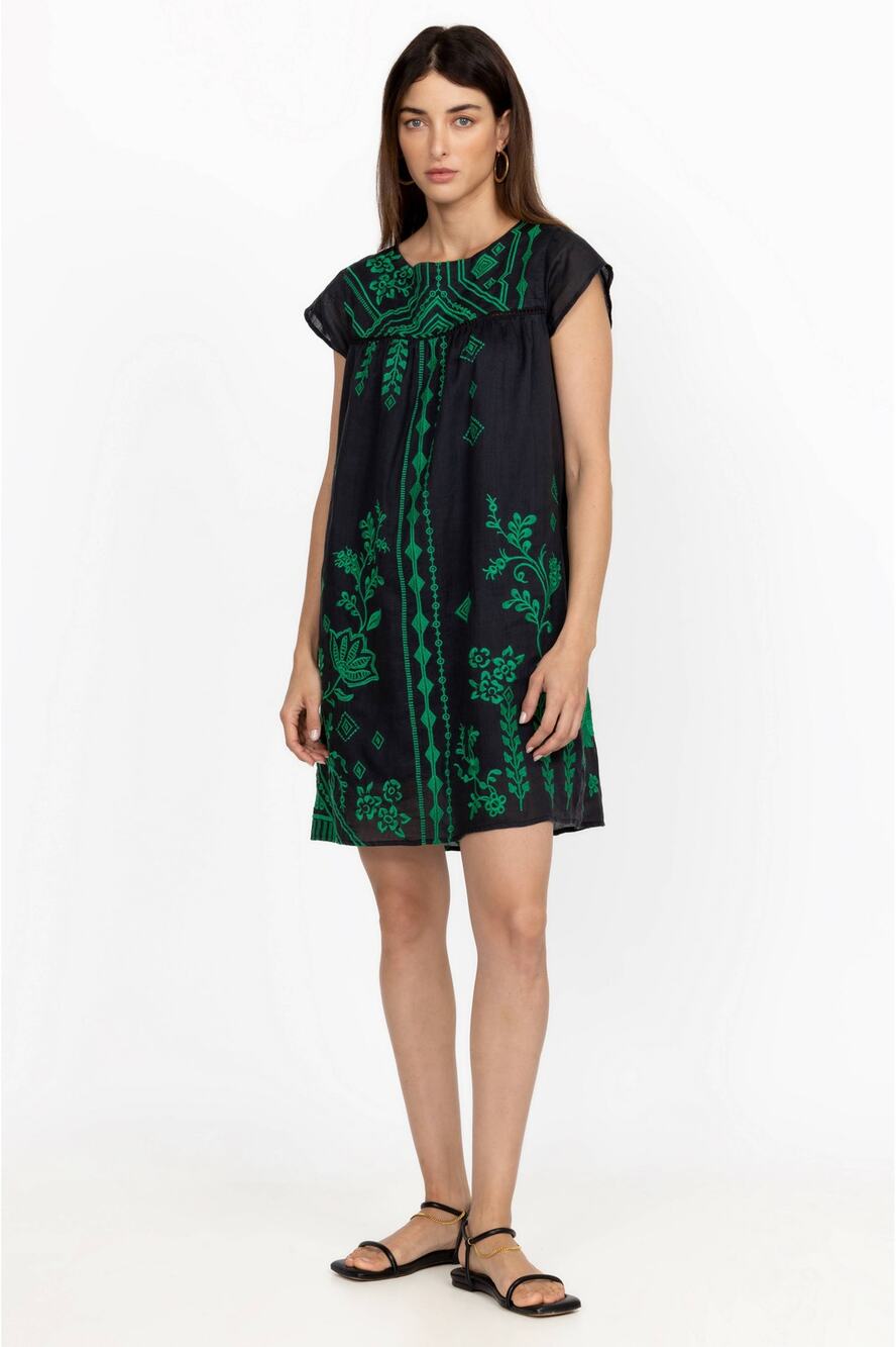 JOHNNY WAS WILLOW PETAL SLEEVE TUNIC DRESS Size Medium Embroidered Black Green